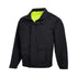 A black reversible bomber jacket with a yellow lining at the collar and zippered pockets.