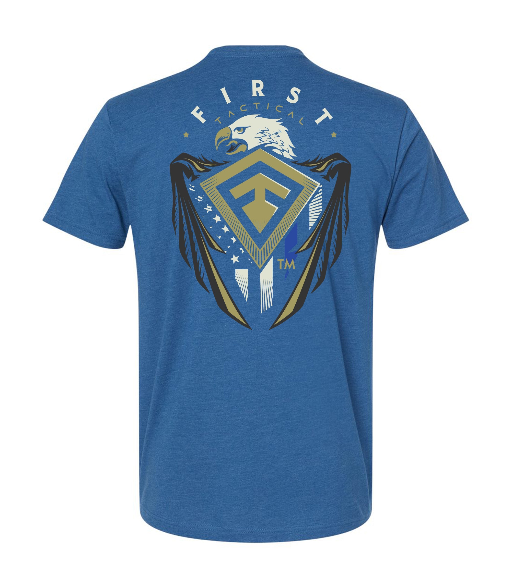 Back of Eagle Shield T-Shirt in Heather Cool Blue