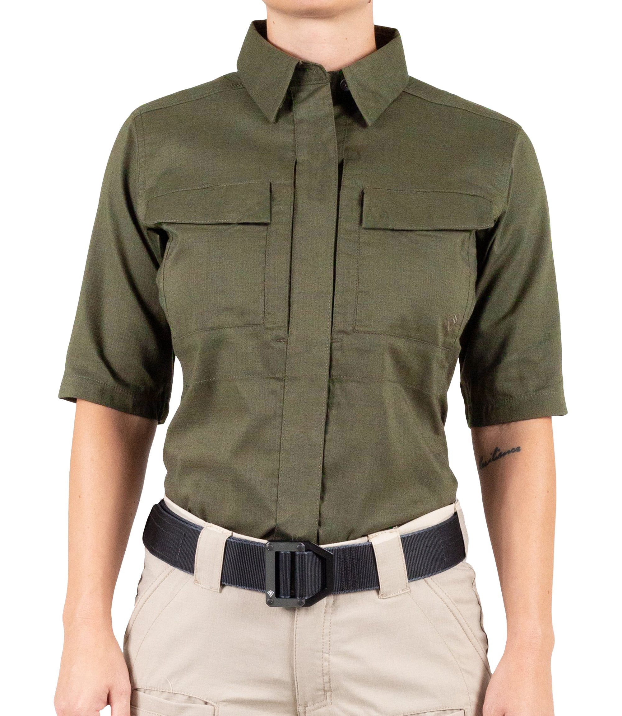 Front of Women's V2 BDU Short Sleeve Shirt in Tundra