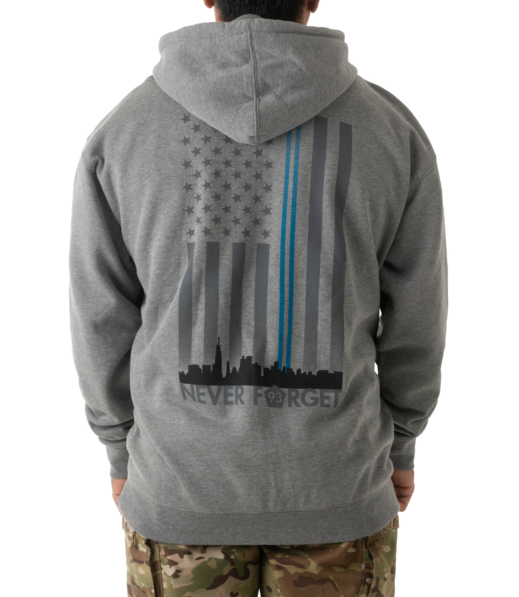 Back of Freedom Tower Zip-Up Hoodie in Heather Grey