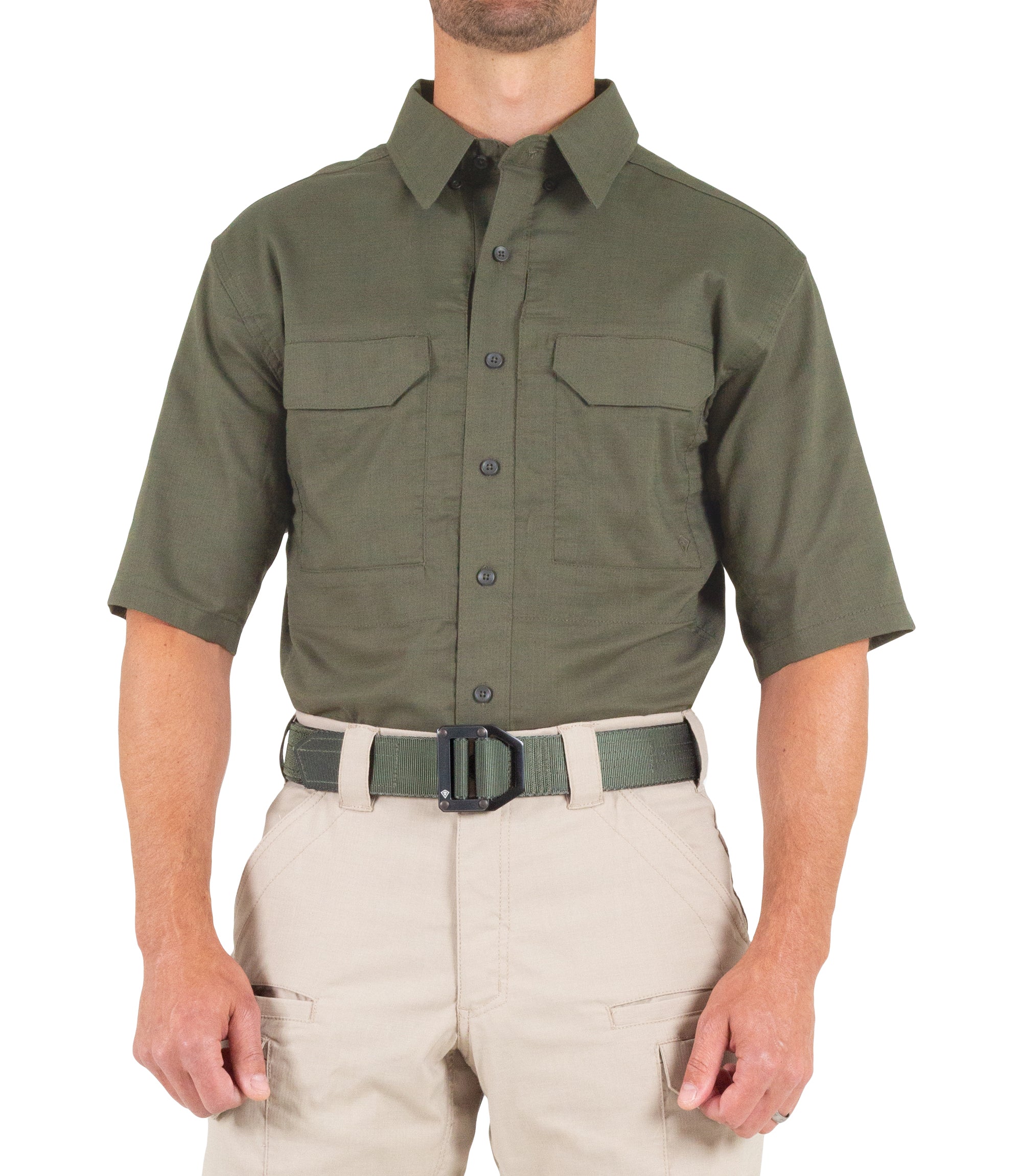 Front of Men's V2 Tactical Short Sleeve Shirt in OD Green