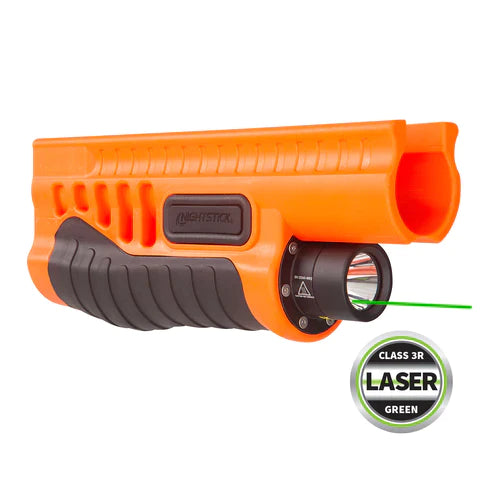 Nightstick - Polymer Shotgun Forend Light w/Green Laser - 12ga Mossberg® 500/590/590A1/Shockwave - 2 CR123 - Less Lethal Orange